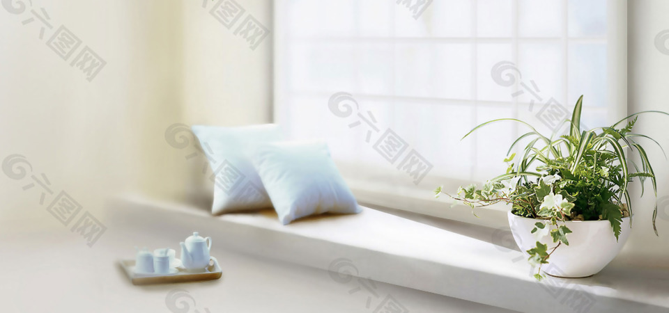 白色窗户绿色植物banner背景素材