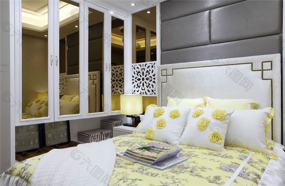 简约卧室床铺背景装修效果图