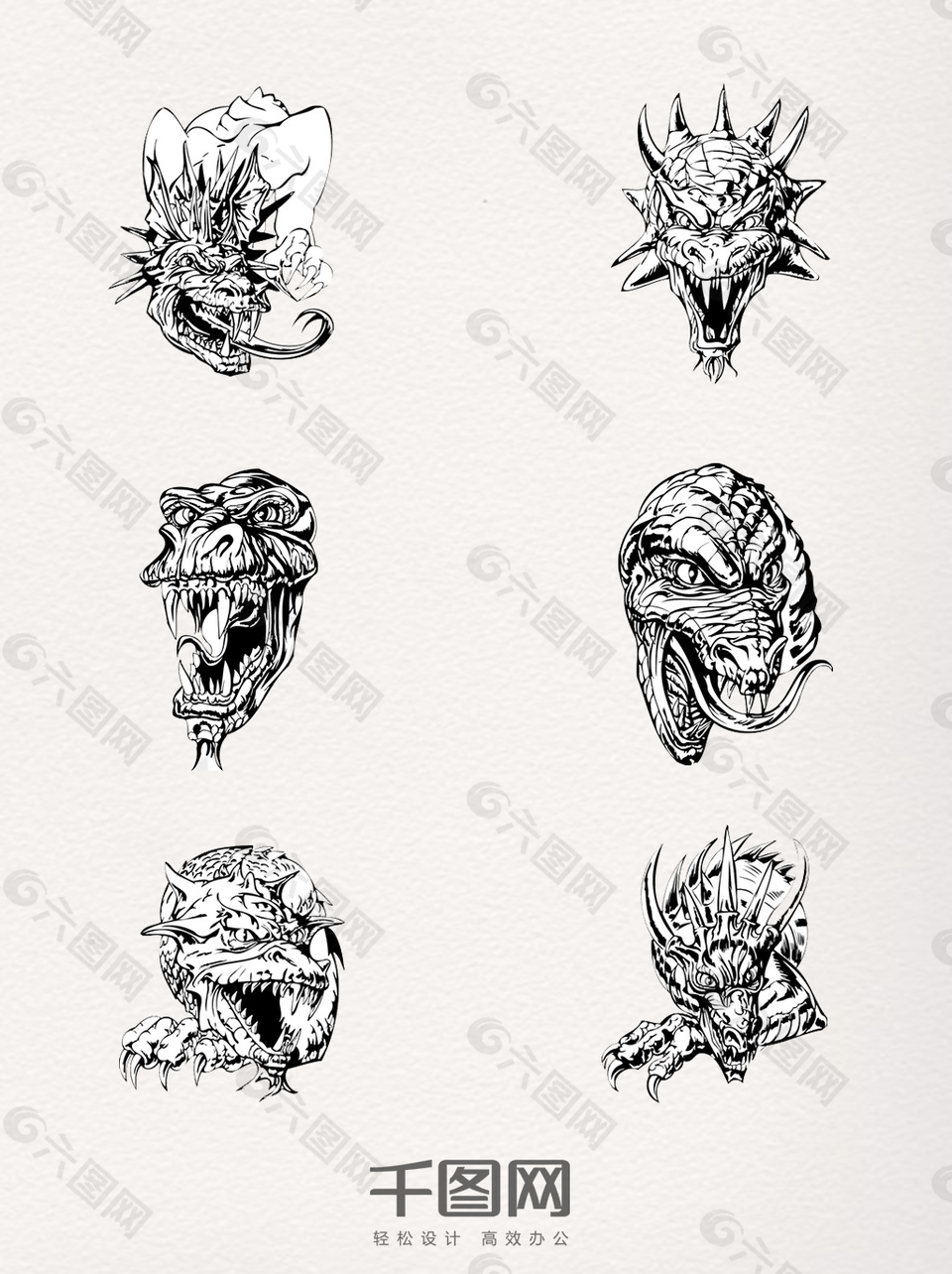 手绘龙头图案装饰元素