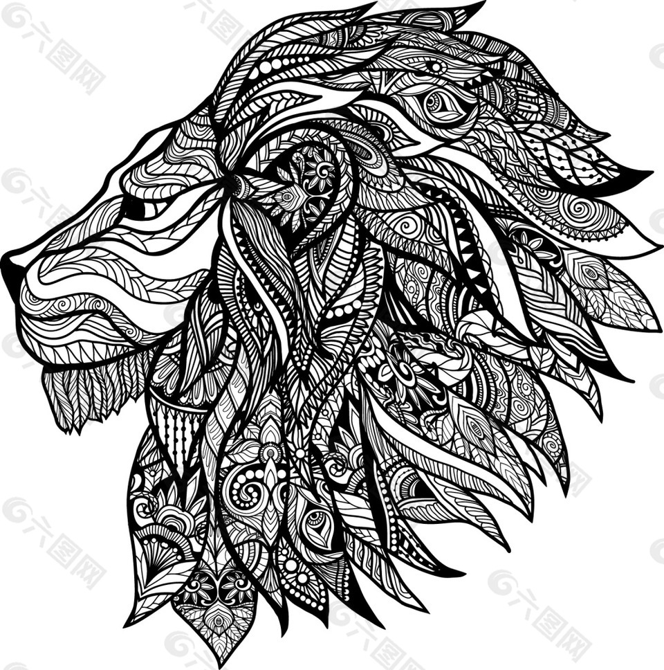 黑白艺术花纹狮子装饰图案