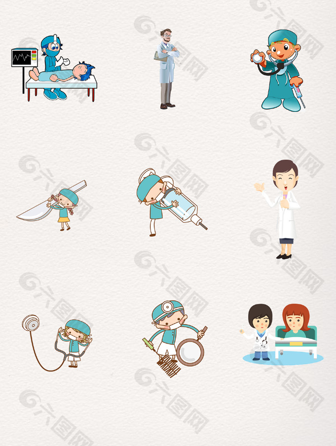 一组小医生人物医生装饰设计元素图案