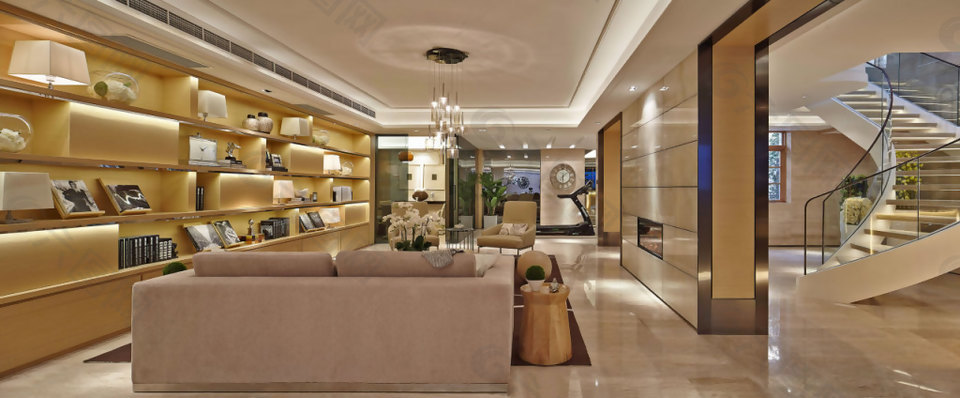 现代时尚客厅金色展示架室内装修效果图