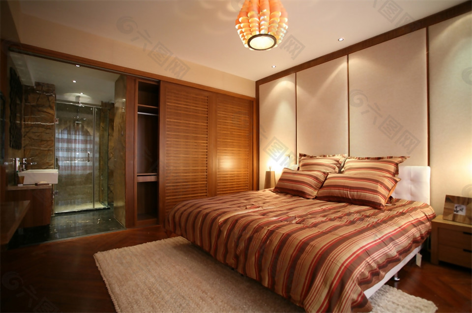 现代时尚卧室红色条纹床品室内装修效果图