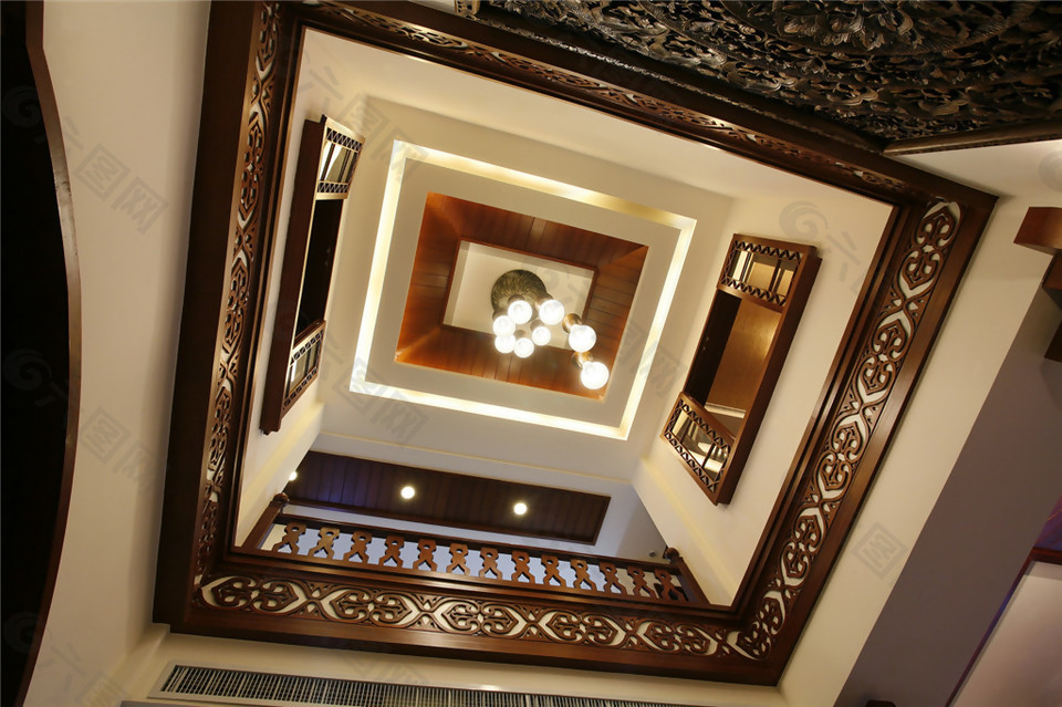 中式奢华客厅复式俯视图室内装修效果图