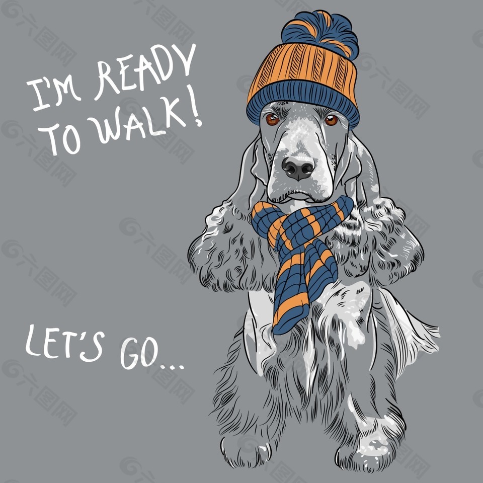 可爱的戴帽子和围巾的小狗插画