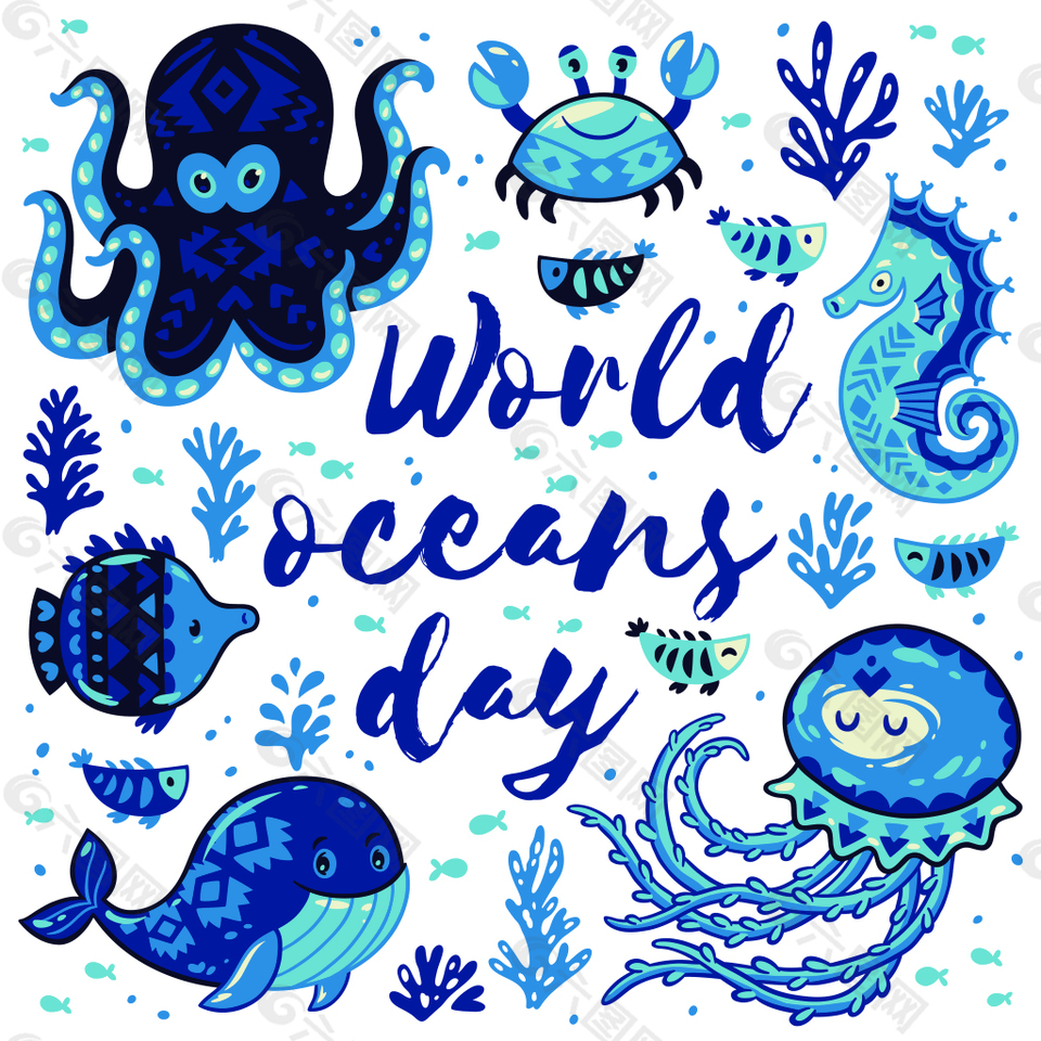 蓝色卡通手绘海洋动物