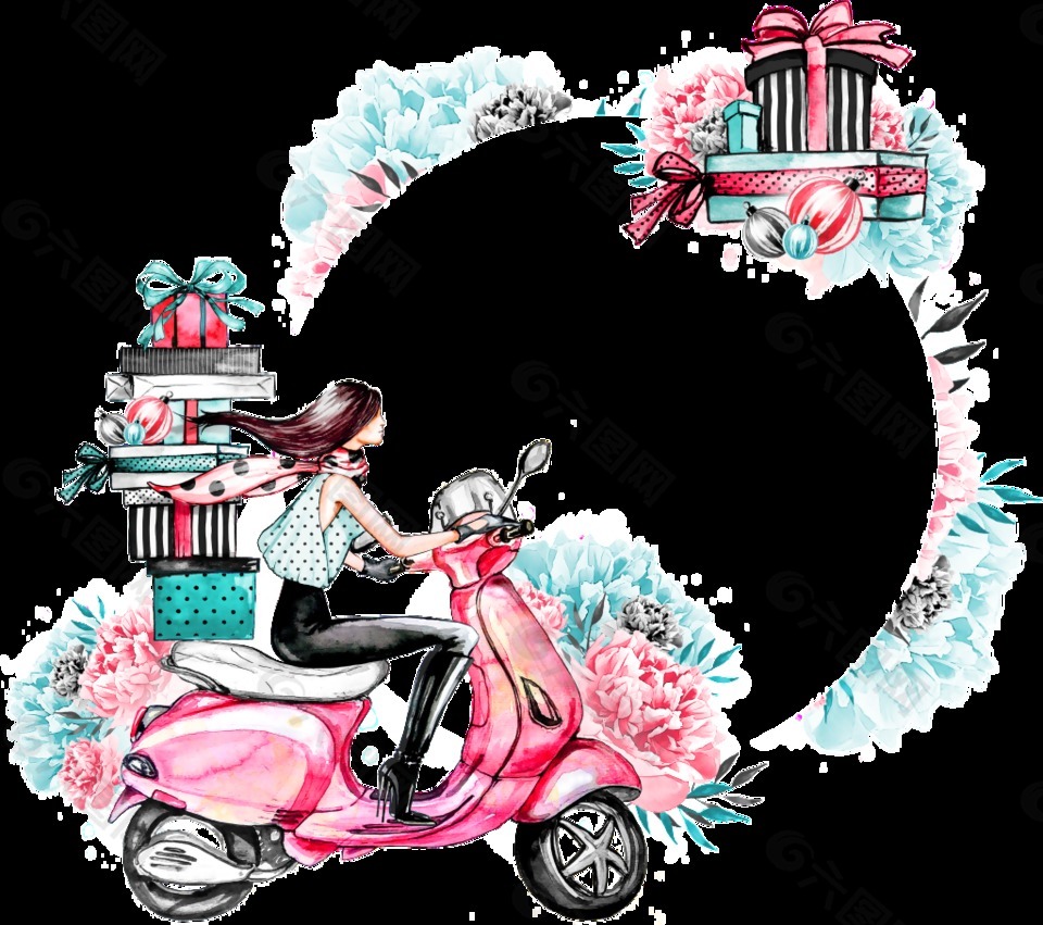 粉色系少女电动车花环透明素材
