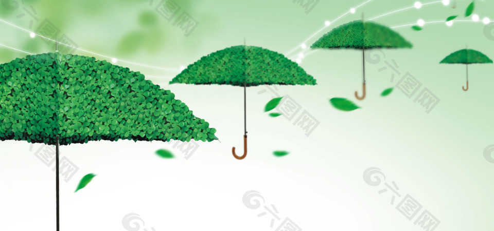 手绘绿色雨伞banner背景素材