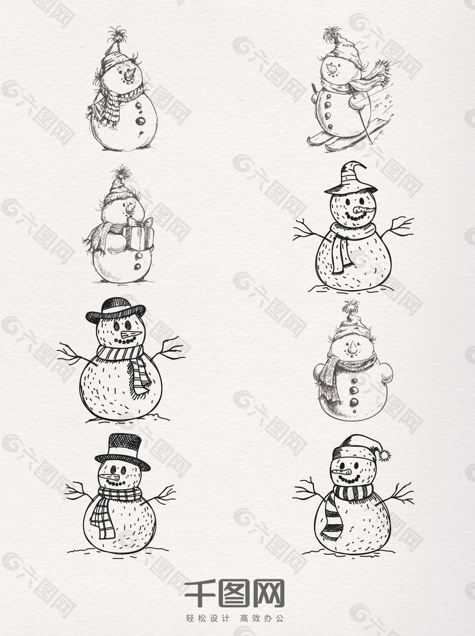手绘素描圣诞雪人装饰图