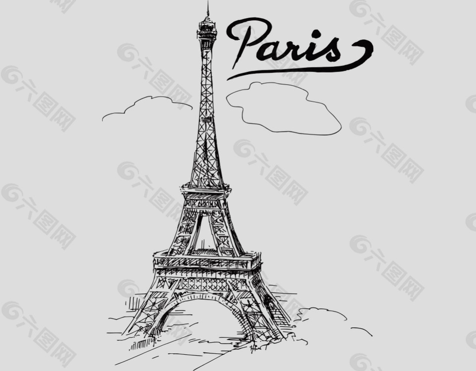 巴黎手绘铁塔免抠psd透明素材