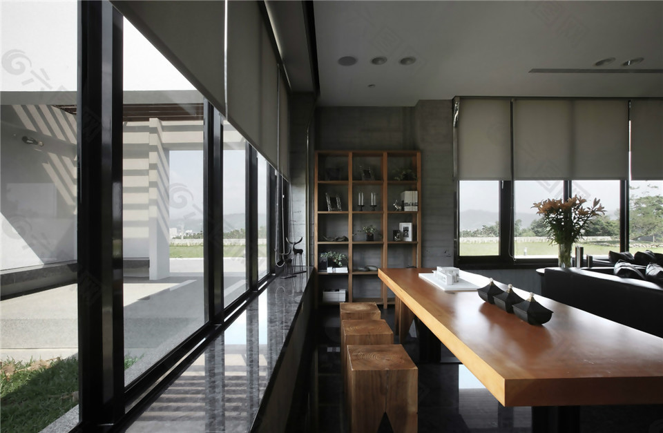 现代时尚客厅长方形餐桌室内装修效果图
