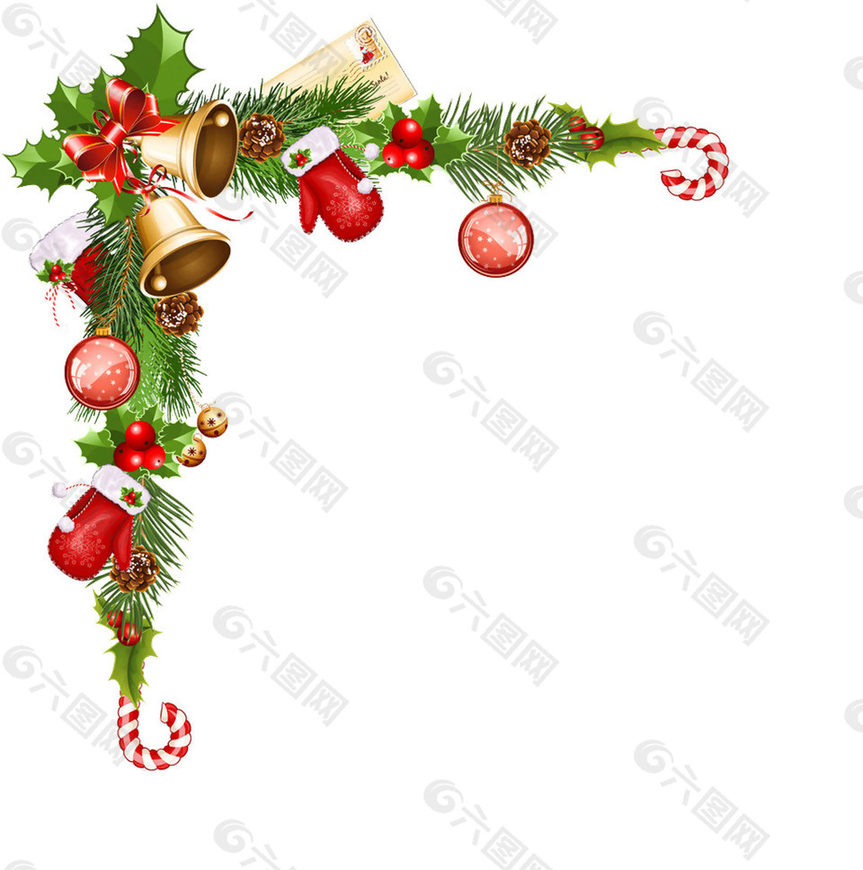 圣诞松枝铃铛手套边角装饰元素