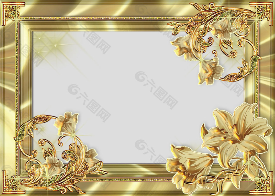 金色方形花卉边框免抠psd透明素材