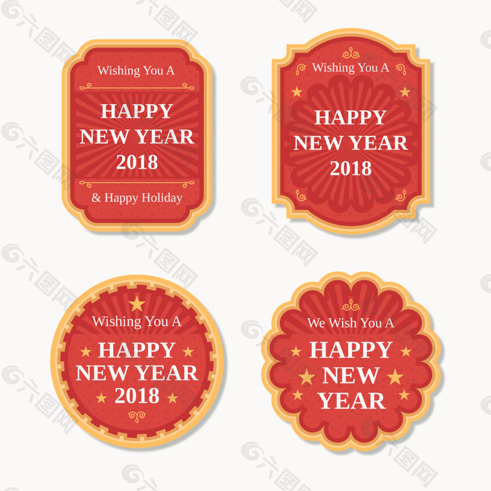 红色2018新年快乐标贴设计