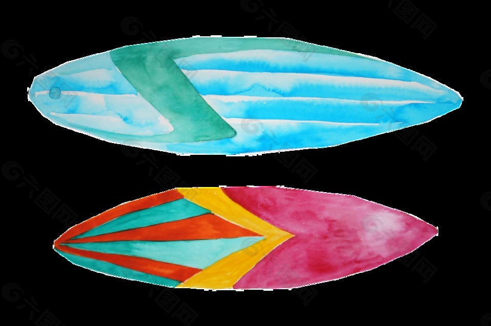 手绘彩色滑浪板png透明素材