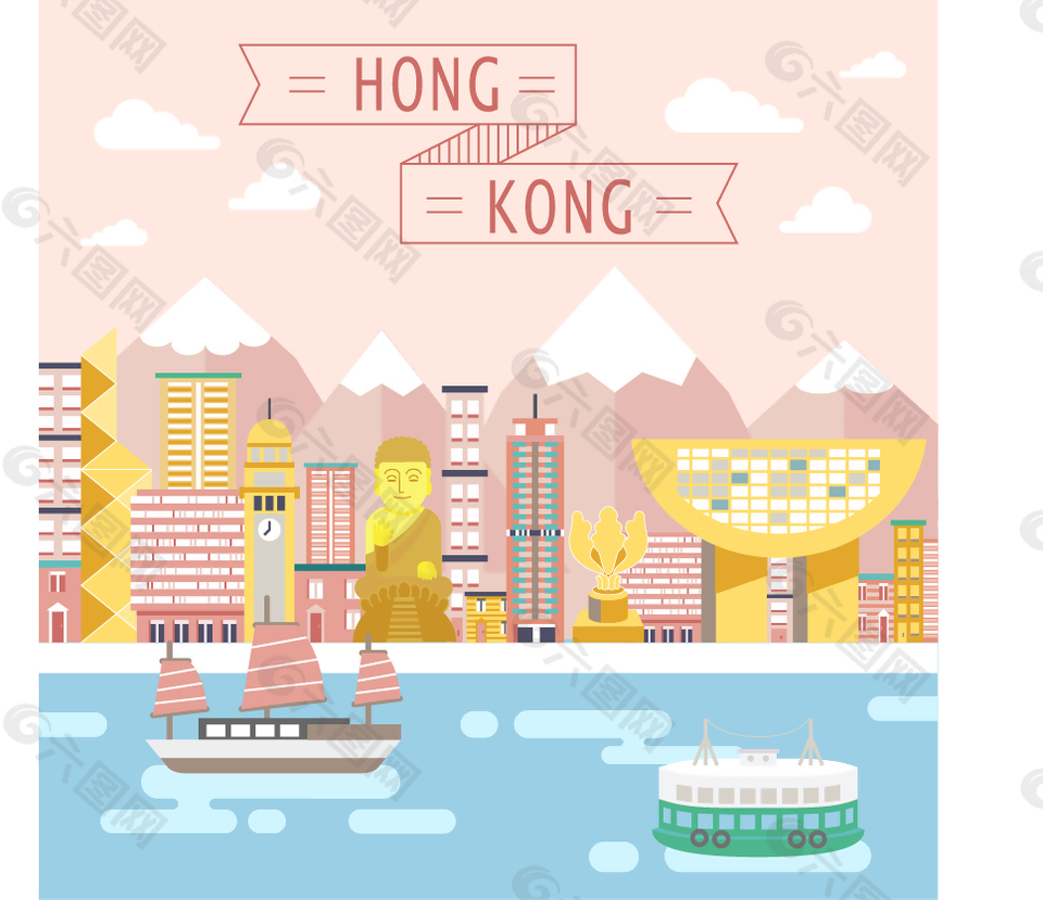 卡通扁平创意香港旅行插画平面广告素材免费下载 图片编号 六图网