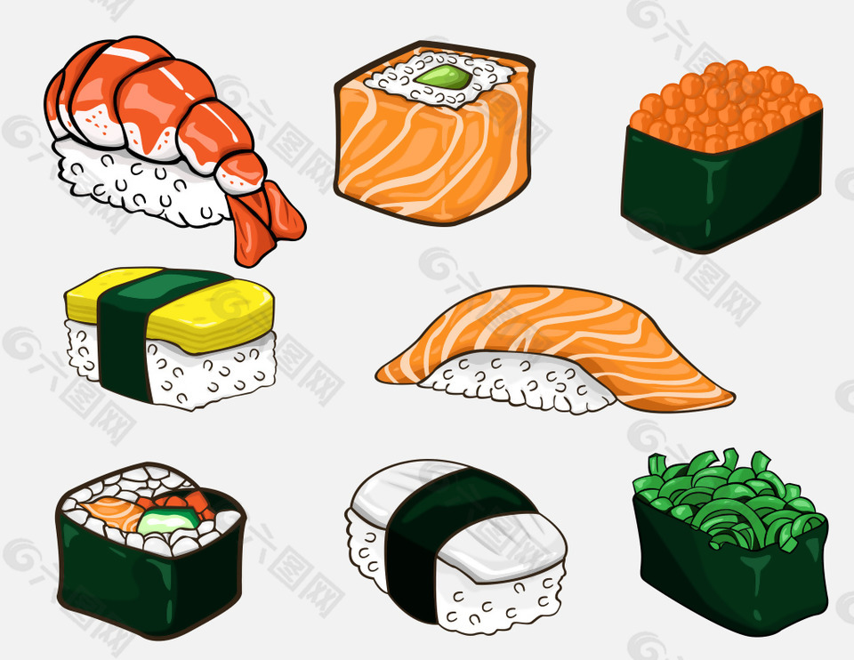手绘美味诱人的寿司插画