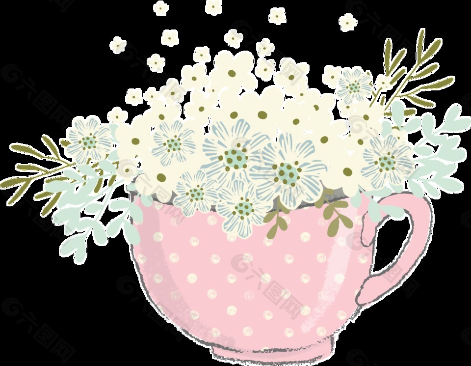 粉色杯子与花卉卡通水彩透明素材