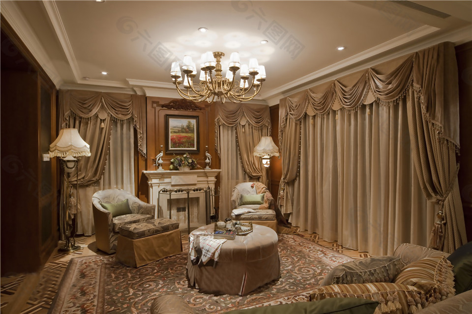 洛可可轻奢卧室褐色窗帘室内装修效果图