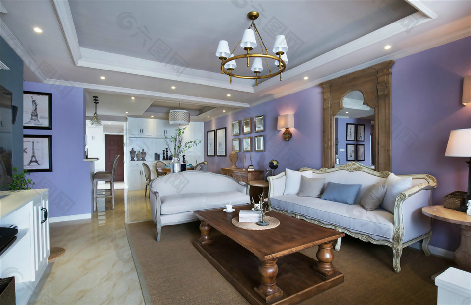 欧式时尚紫色背景墙客厅室内装修效果图