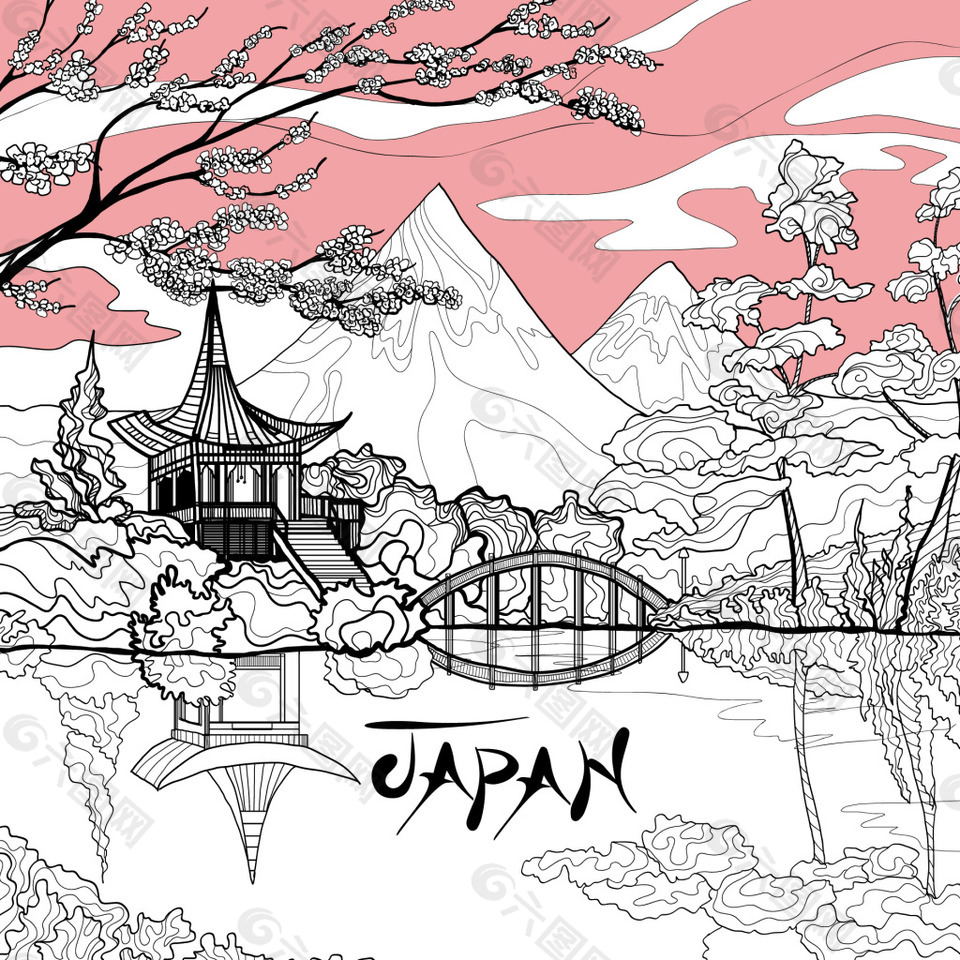 手绘美丽日本富士山风景插画