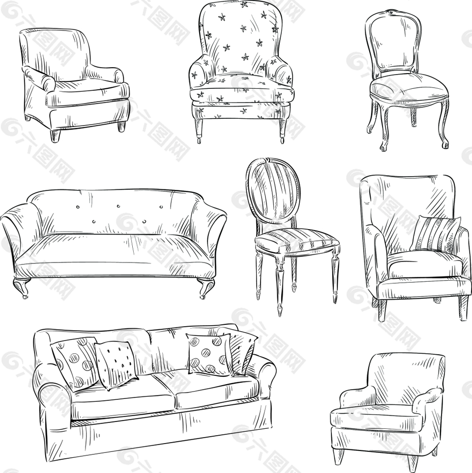 手绘素描各种沙发和椅子插画