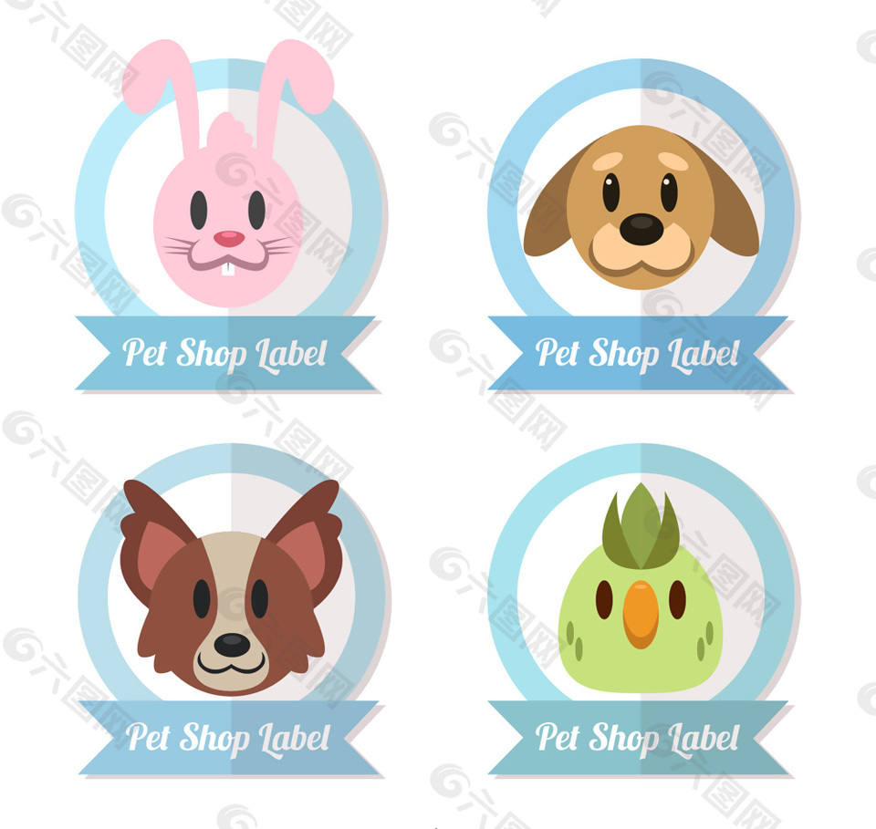 4款可爱宠物店动物头像标签矢量图