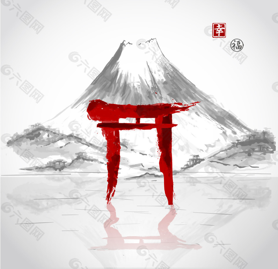 手绘水墨富士山风景插画平面广告素材免费下载 图片编号 六图网