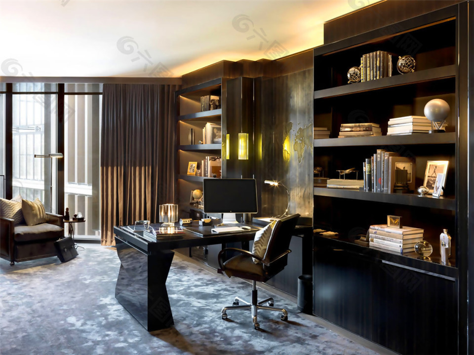 中式奢华客厅黑色书桌室内装修效果图