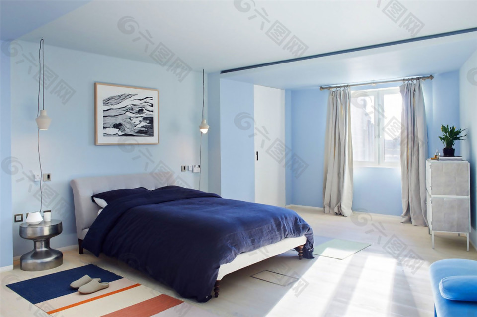 现代清新卧室银色床头柜室内装修效果图