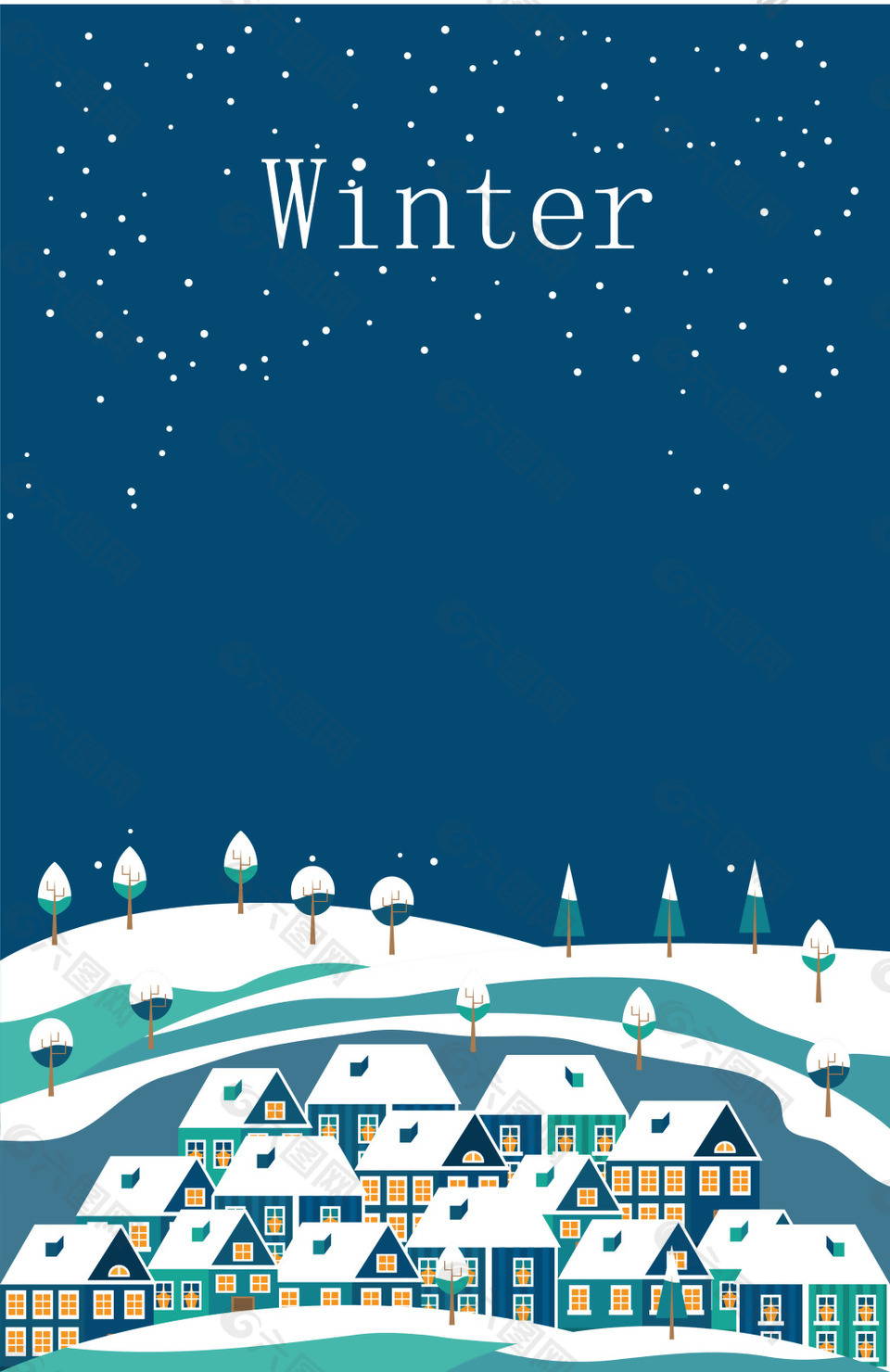 圣诞小村庄雪夜海报背景素材
