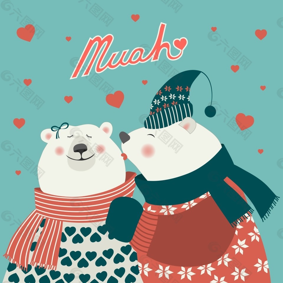 两只可爱的北极熊情侣插画