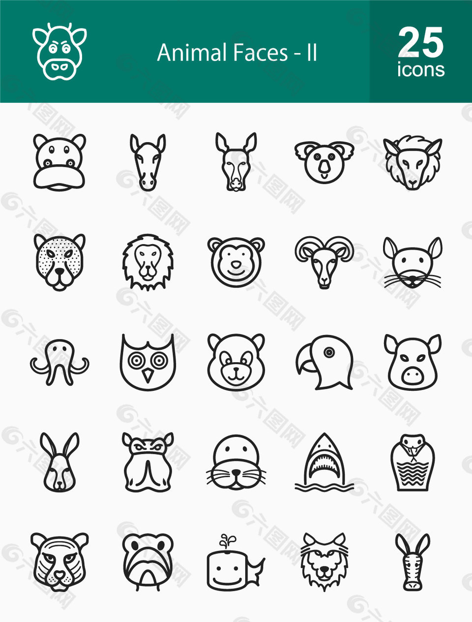 25款黑色世界动物头像icon图标