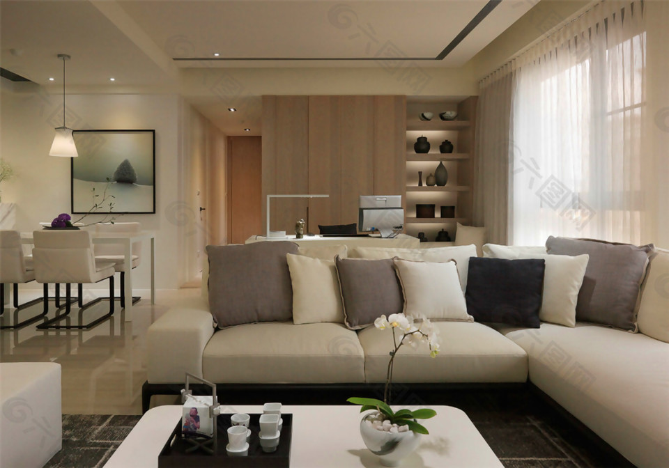 日式清新客厅纯色抱枕室内装修效果图