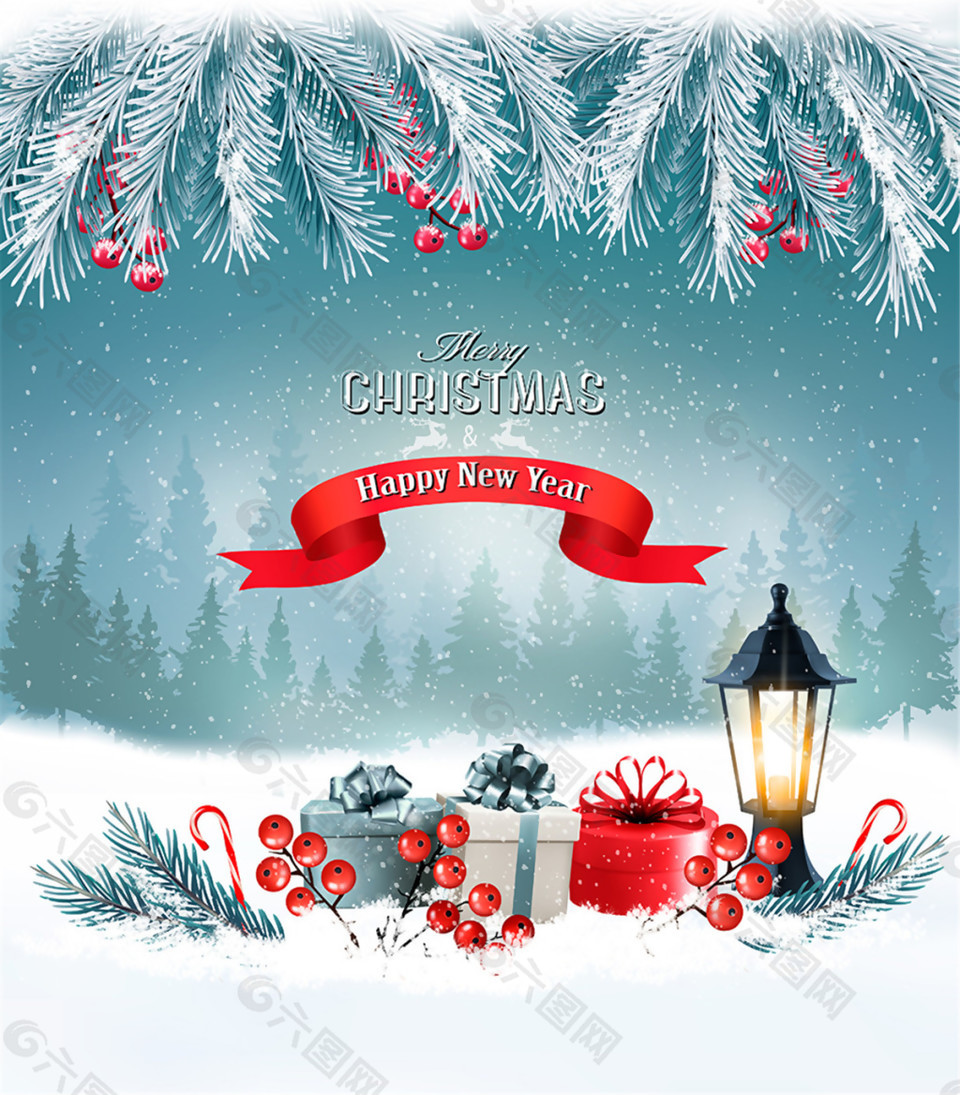 卡通圣诞快乐贺卡带冬季和风景和灯笼平面广告素材免费下载 图片编号 六图网