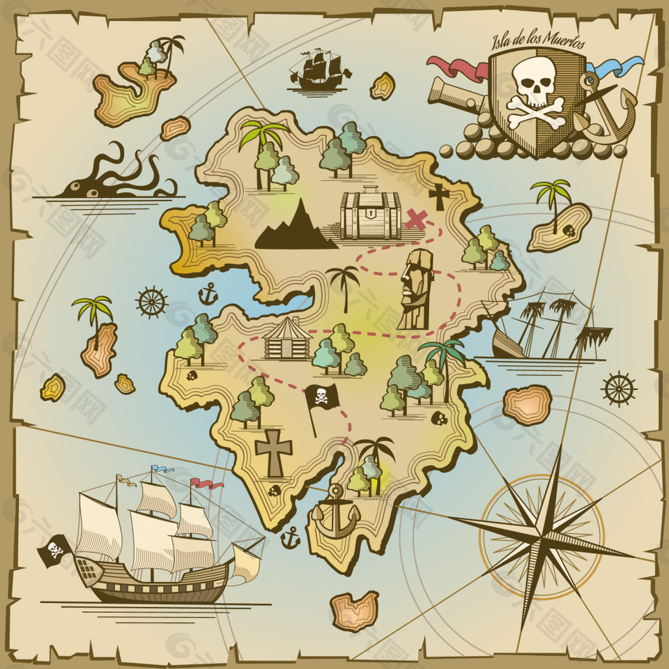复古古代航海地图插画