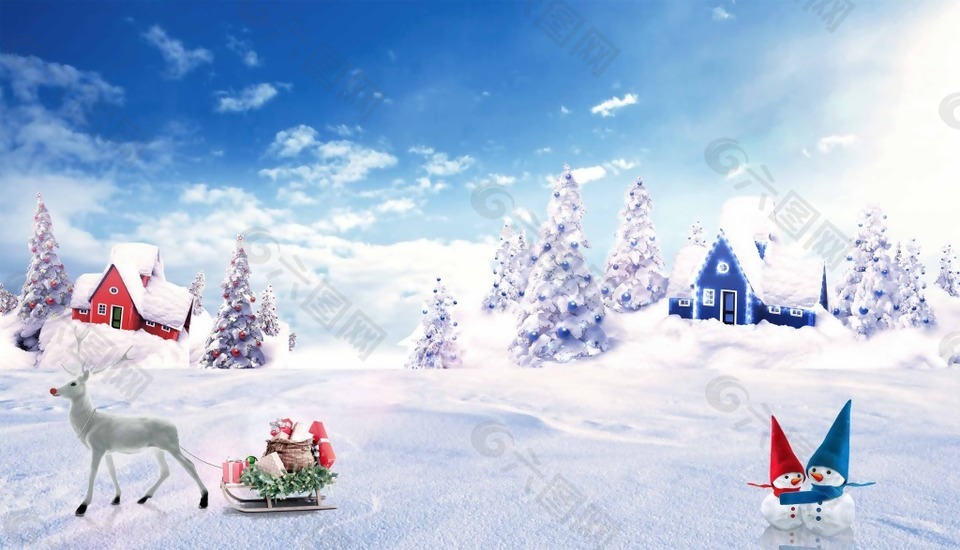 蓝天白云白色圣诞节背景psd源文件