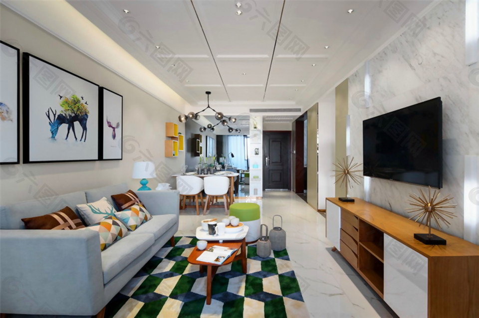 现代时尚客厅方块格子地毯室内装修效果图