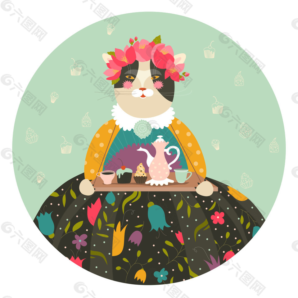 可爱的小猫带茶壶和蛋糕穿衣服