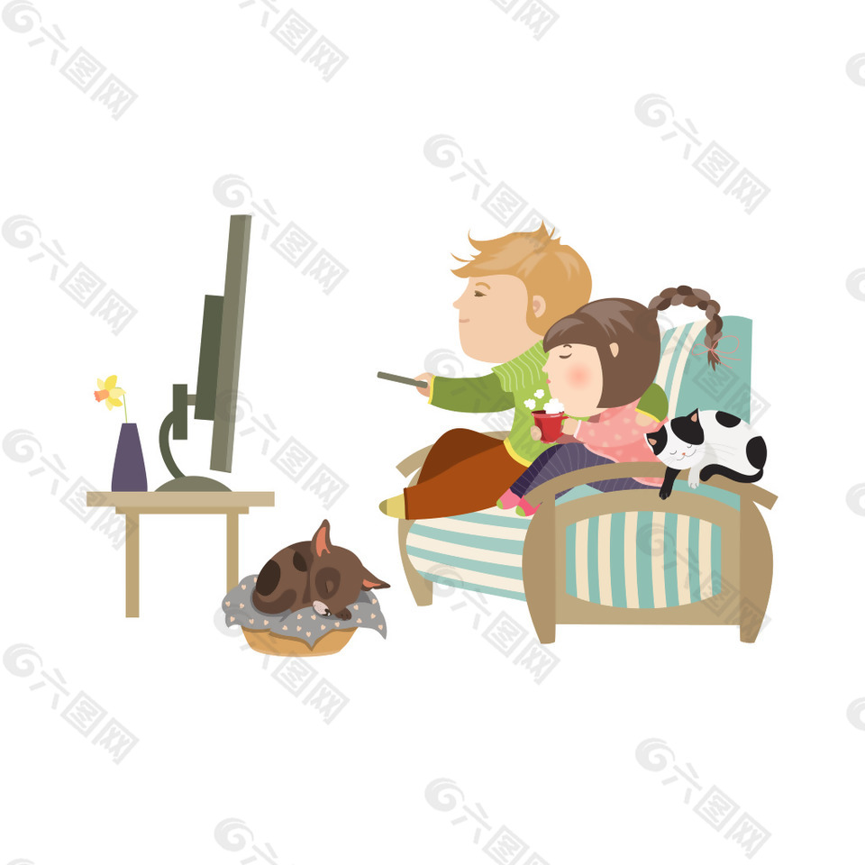 夫妇坐在沙发上看电视