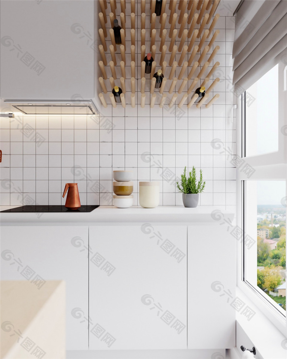 现代清新客厅厨房白色壁柜室内装修效果图