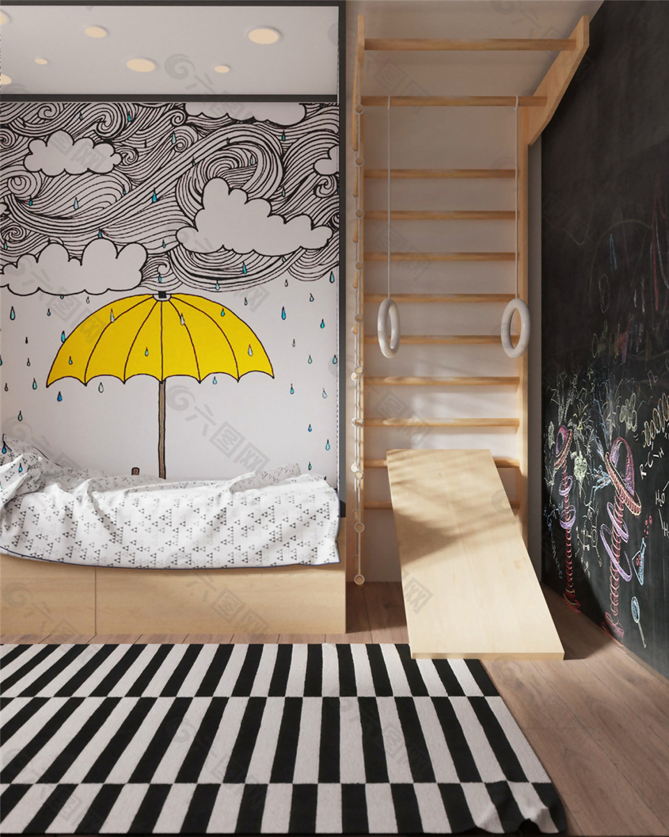 现代小清新卧室条纹地毯室内装修效果图