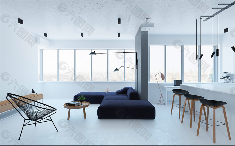 现代极简客厅亮白色地板室内装修效果图