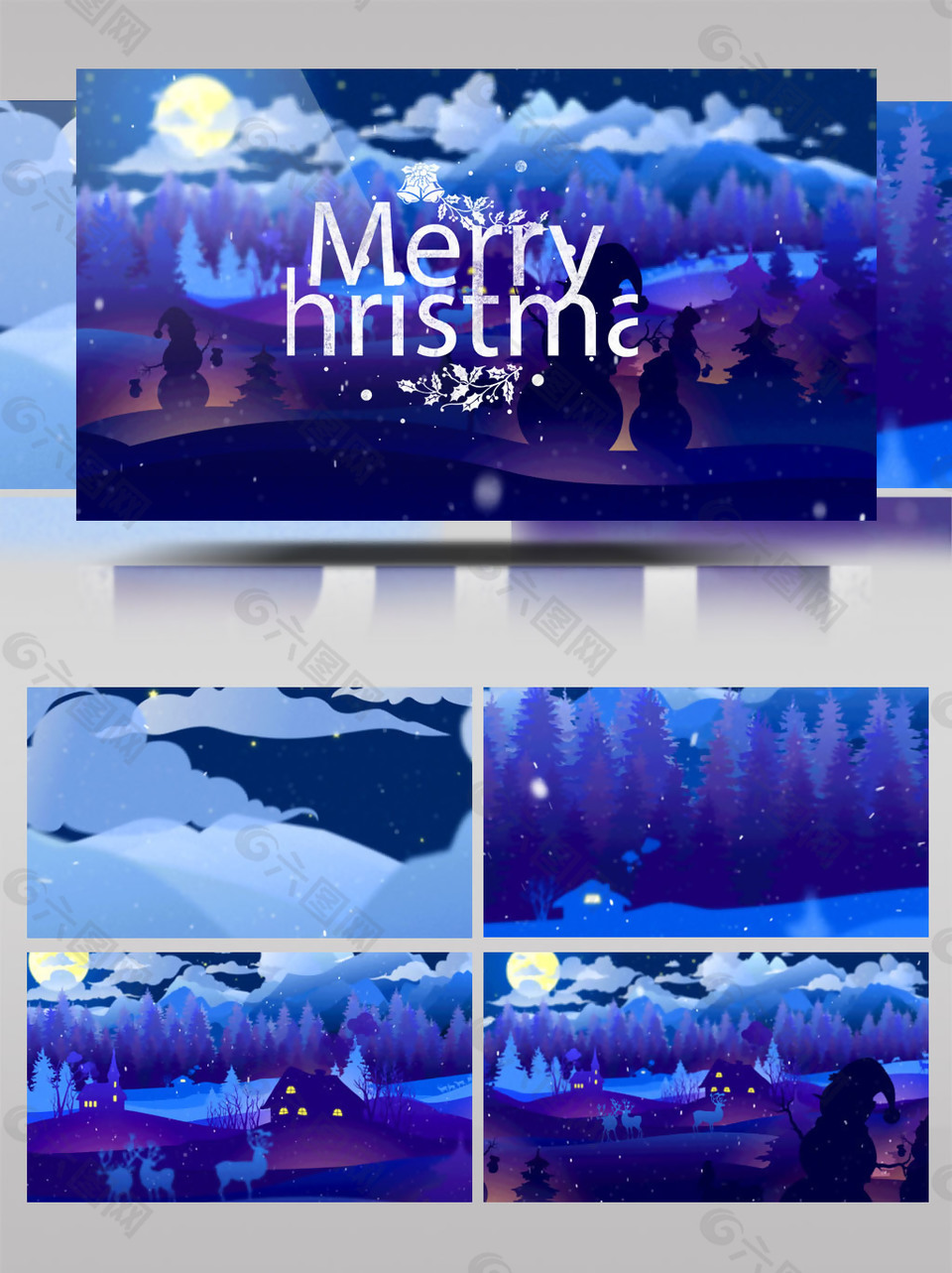 冬日夜晚村庄的蓝色圣诞节开场动画AE模板