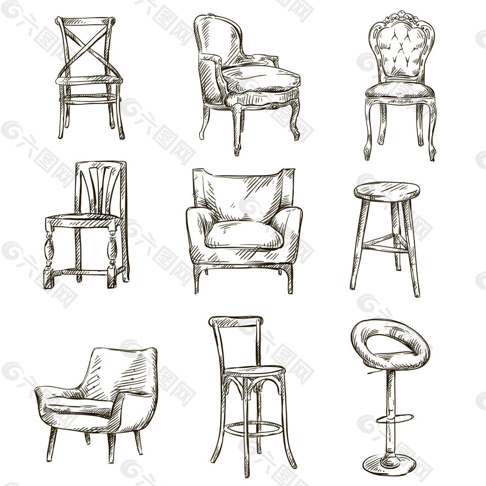 黑白手绘家具椅子插画