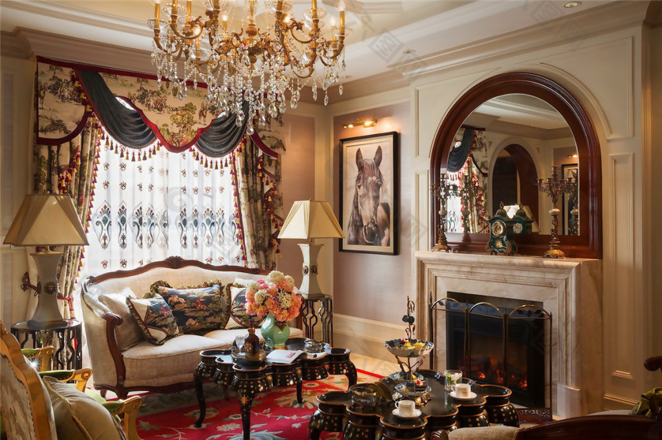 欧式奢华客厅金色水晶吊灯室内装修效果图