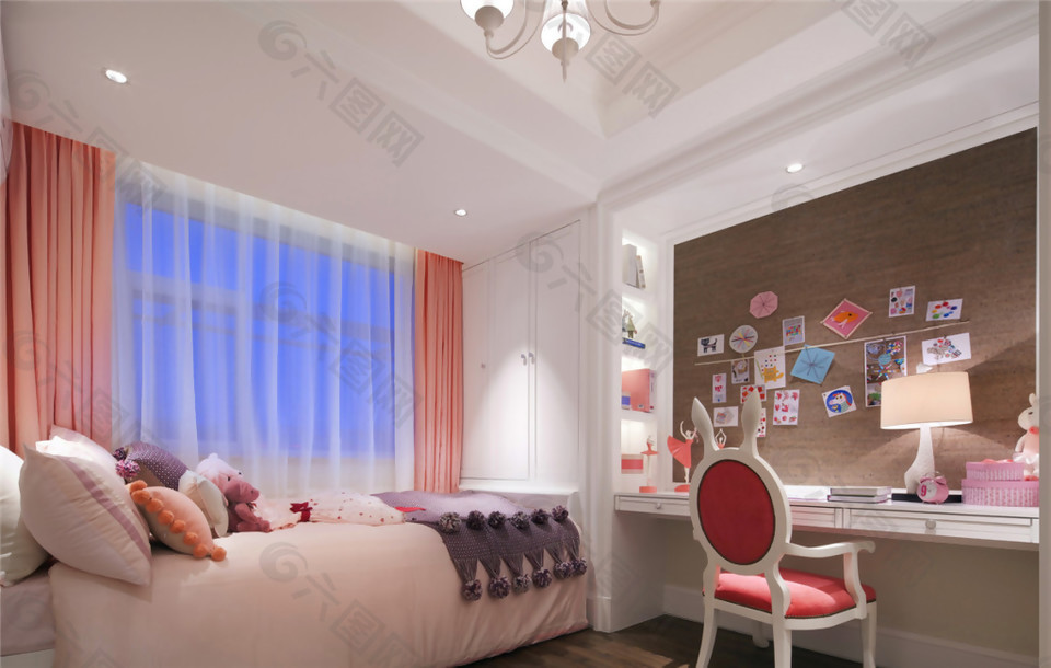 现代简约卧室橙粉色窗帘室内装修效果图