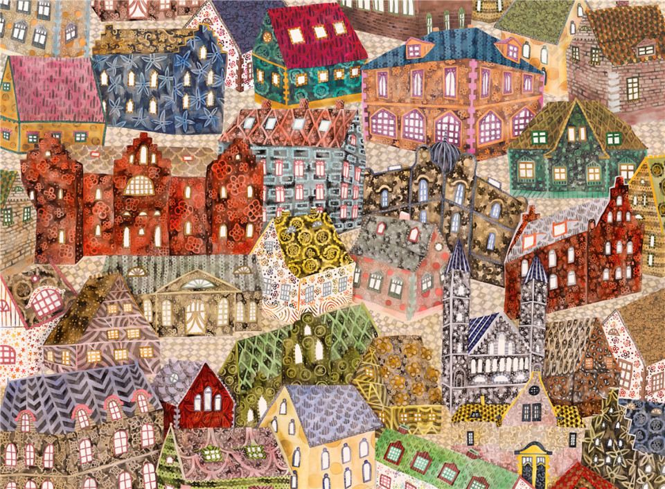 童趣彩色城市街景壁纸图案