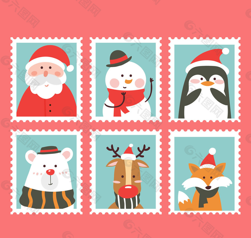 6款可爱圣诞角色邮票矢量素材