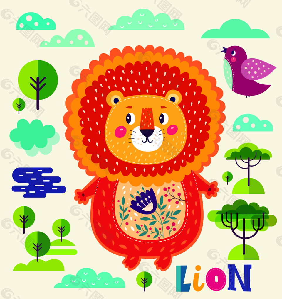 彩色可爱卡通的狮子插画